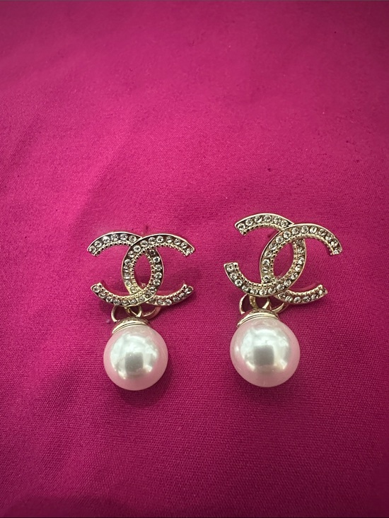 CHANEL Jewelry - CHANEL Gold CC Crystal Drop Earrings with Pink Pearl Drops
